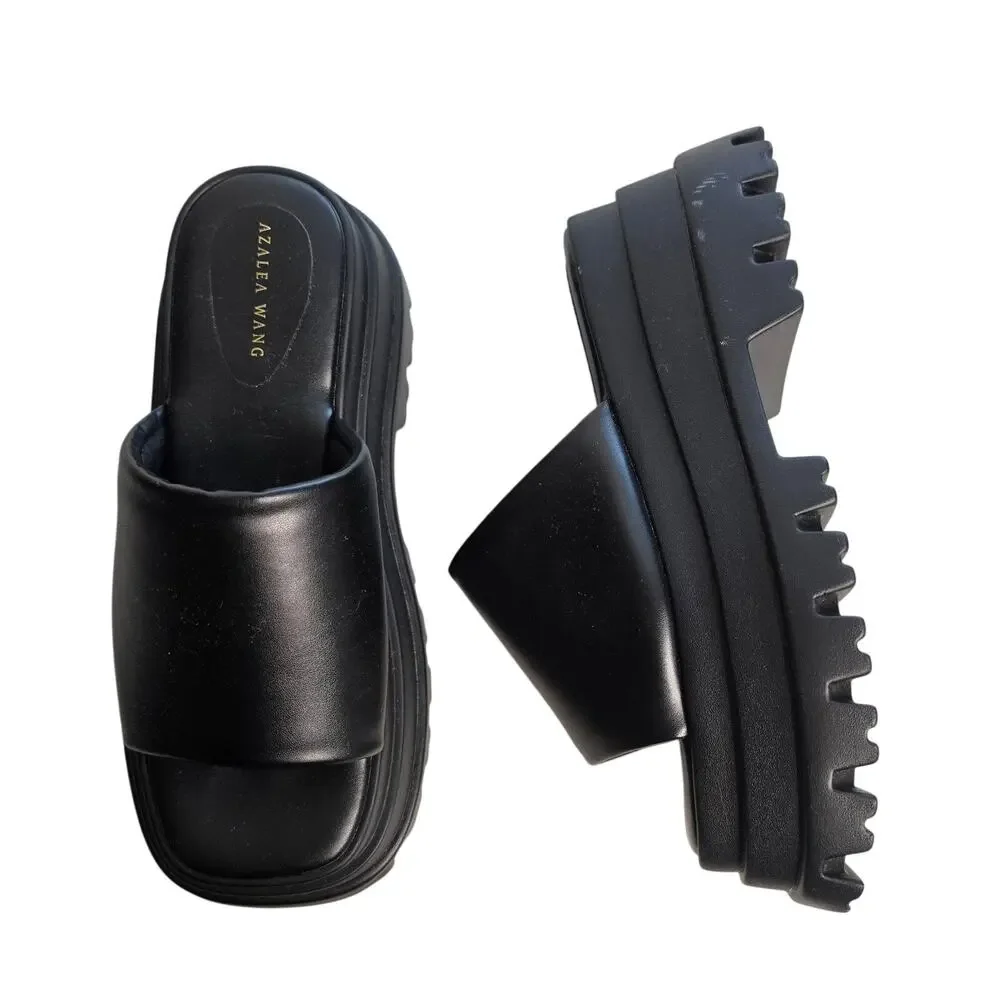 Azalea Wang Shoes Womens Size 9 Black Chunky Platform Slide Sandals Lug Sole